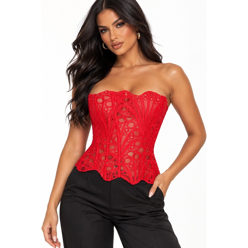 PrettyLittleThing Red Textured Sheer Floral Lace Corset Top  Size 4